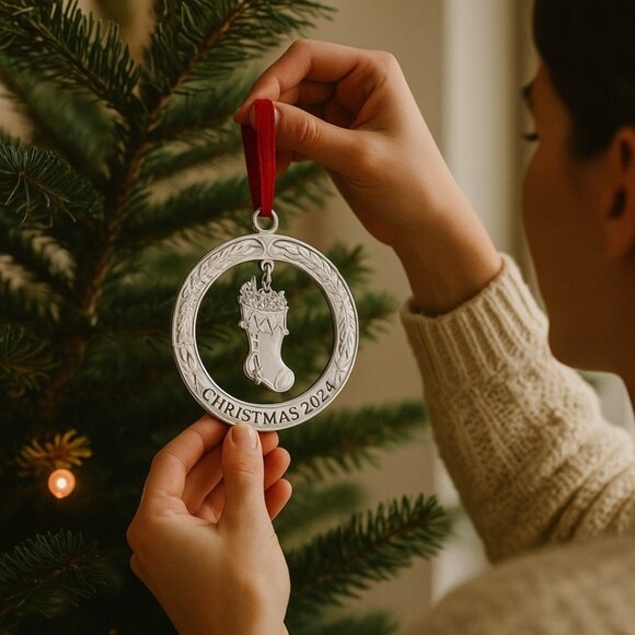 Christmas Silver 3" x 3" Wreath with Stocking Pendant Engraved Tree Ornament - Picture 8 of 8